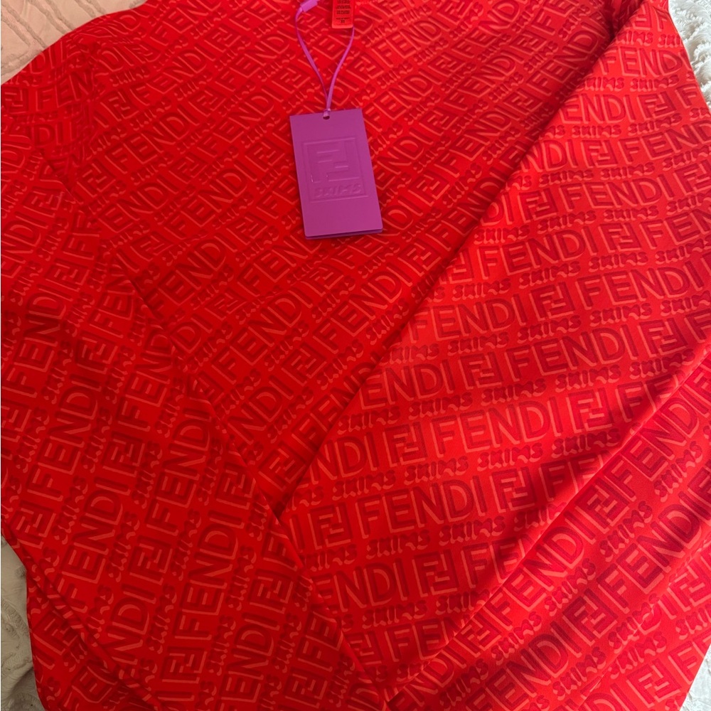 SKIMSxFendi Vibrant Red/Orange Embossed Fabric Bodysuit.